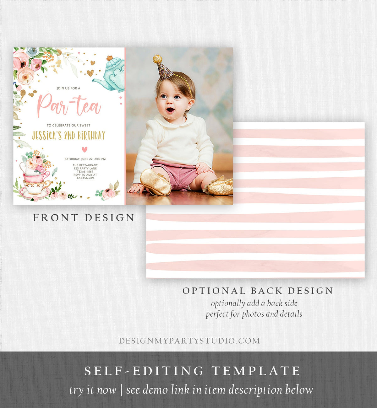 Editable Tea Party Birthday Invitation Par-Tea Birthday Invite Pink and Gold Floral Whimsical Download Printable Template Corjl Digital 0349
