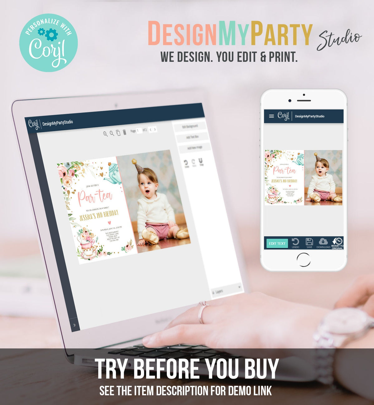 Editable Tea Party Birthday Invitation Par-Tea Birthday Invite Pink and Gold Floral Whimsical Download Printable Template Corjl Digital 0349