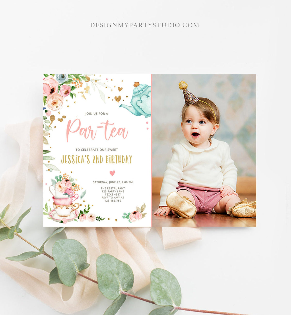 Editable Tea Party Birthday Invitation Par-Tea Birthday Invite Pink and Gold Floral Whimsical Download Printable Template Corjl Digital 0349