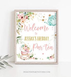 Editable Birthday Tea Party Welcome Sign Birthday Par-tea Floral Pink Gold Whimsical Girl Shower Garden Party Template PRINTABLE Corjl 0349