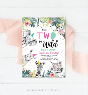 Editable Born Two Be Wild Birthday Invitation Girl Two Party Animals Pink Gold Safari Zoo Second Birthday 2nd Template Corjl Printable 0322