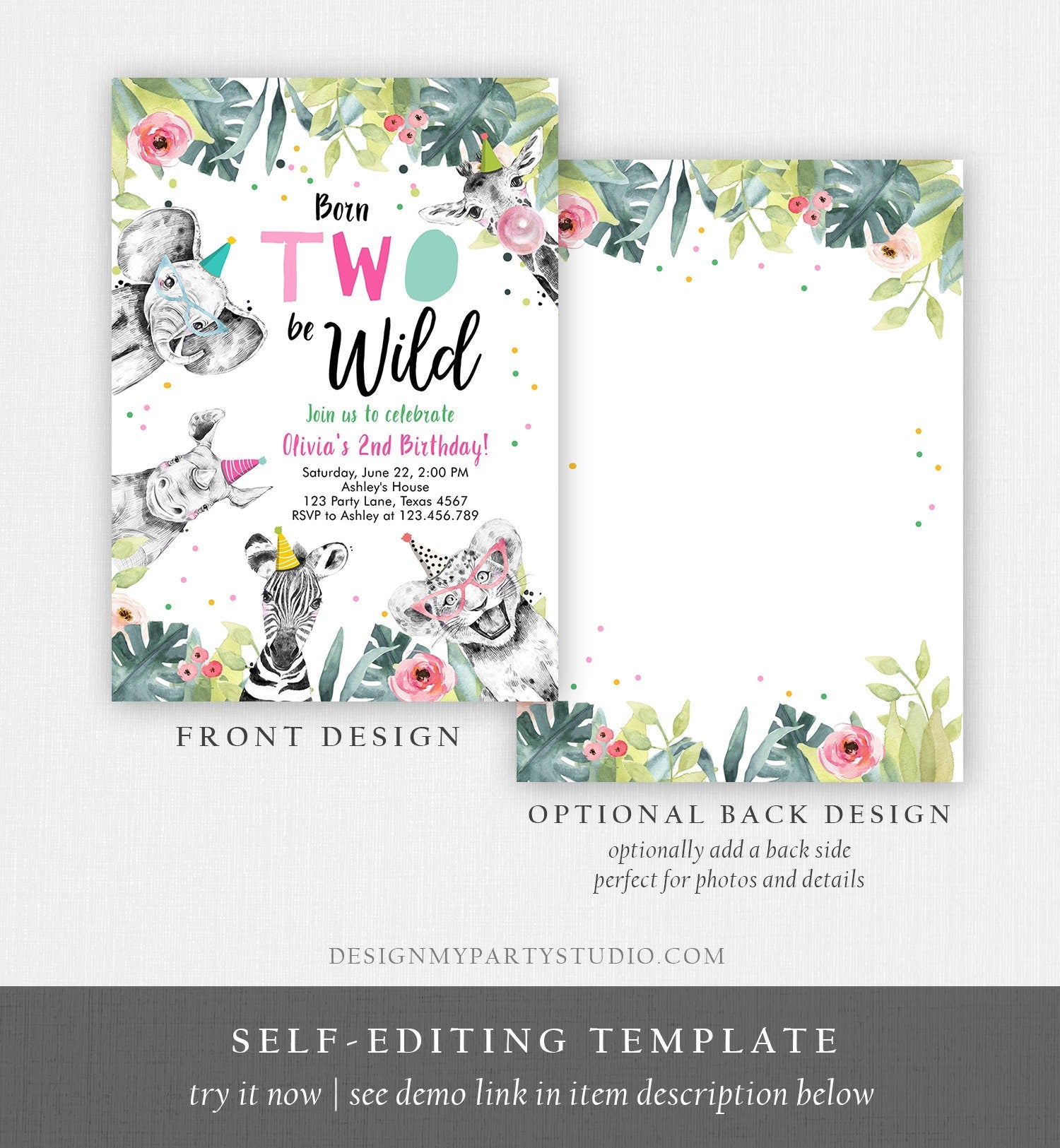 Editable Born Two Be Wild Birthday Invitation Girl Two Party Animals Pink Gold Safari Zoo Second Birthday 2nd Template Corjl Printable 0322