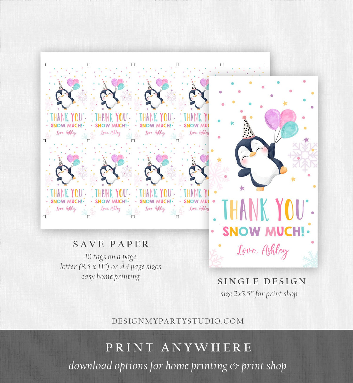 Editable Penguin Favor Tag Winter Birthday Tag Winter Onederland Thank You Gift Tags Pink Girl Party Animal Digital Template Printable 0372