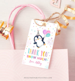 Editable Penguin Favor Tag Drive By Birthday Favors Winter Onederland Snow Thank You Gift Tags Pink Girl Corjl Template Printable 0372