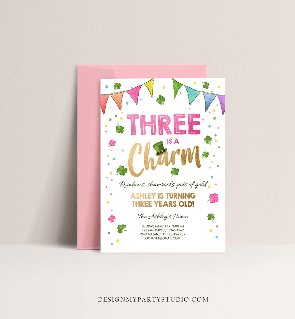 Editable St. Patrick&#39;s Day Birthday Invitation Shamrock Clover St Patricks Day 3rd Birthday Three Girl Printable Invite Template Corjl 0115