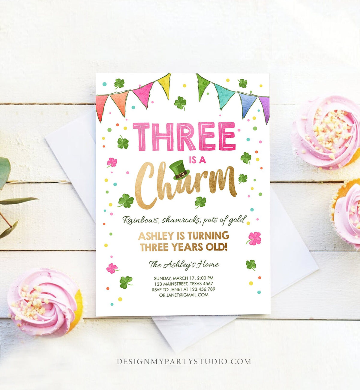 Editable St. Patrick&#39;s Day Birthday Invitation Shamrock Clover St Patricks Day 3rd Birthday Three Girl Printable Invite Template Corjl 0115