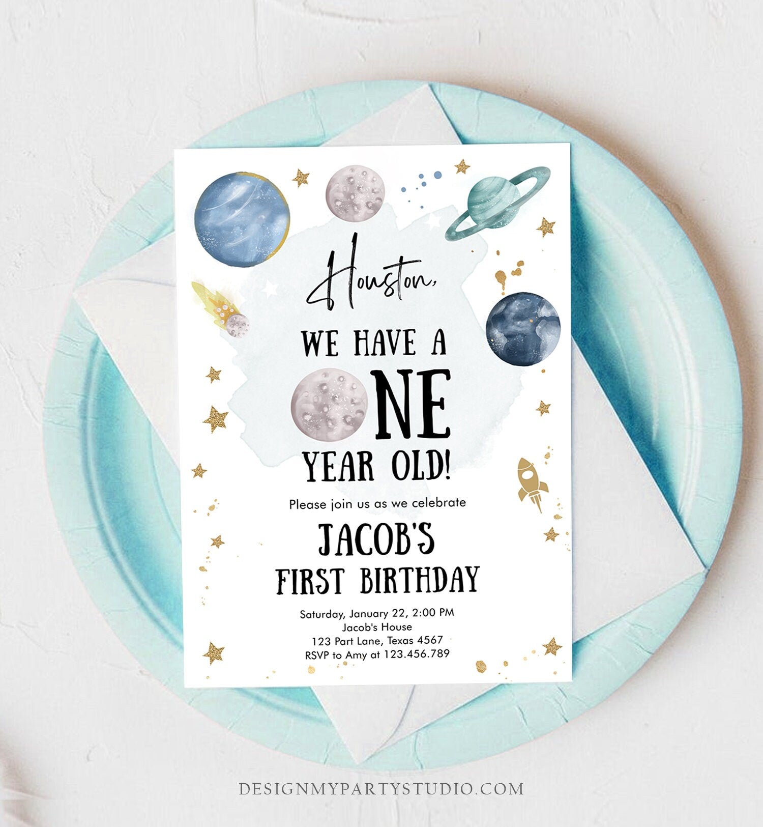 Editable Outer Space First Birthday Invitation Galaxy Houston First Trip Around the Sun One Digital Download Evite Template Printable 0357