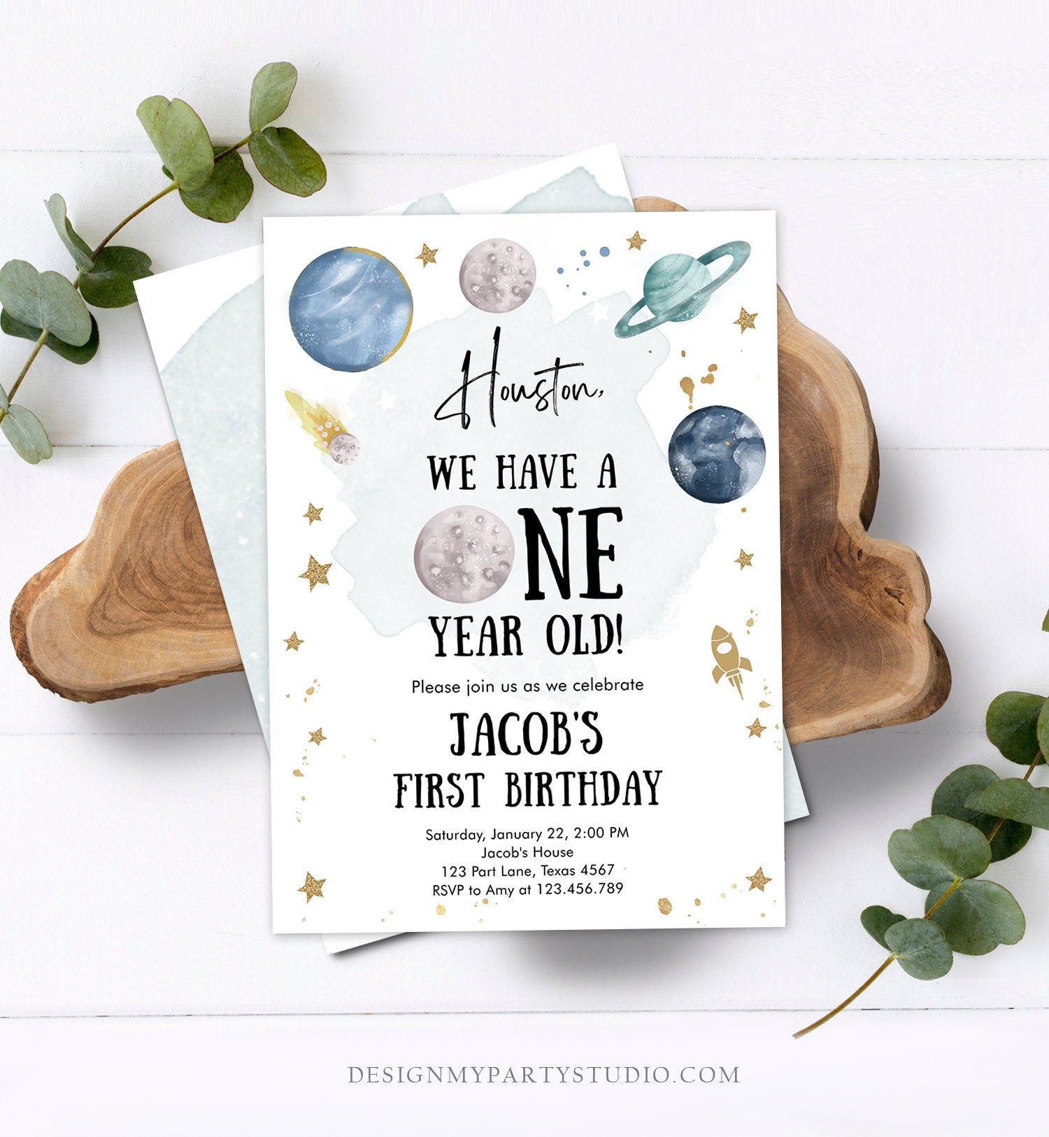 Editable Outer Space First Birthday Invitation Galaxy Houston First Trip Around the Sun One Digital Download Evite Template Printable 0357