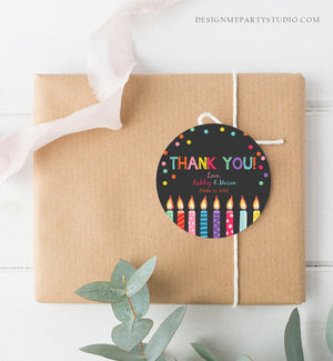 Editable Candles Favor Tags Joint Twin Birthday Thank You Tags Confetti Candle Colorful Square Round Corjl Template Printable 0277
