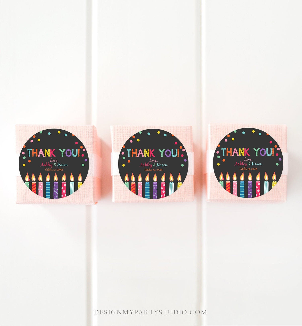 Editable Candles Favor Tags Joint Twin Birthday Thank You Tags Confetti Candle Colorful Square Round Corjl Template Printable 0277