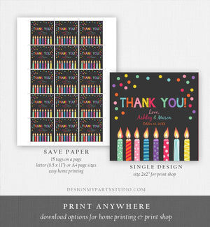 Editable Candles Favor Tags Joint Twin Birthday Thank You Tags Confetti Candle Colorful Square Round Corjl Template Printable 0277