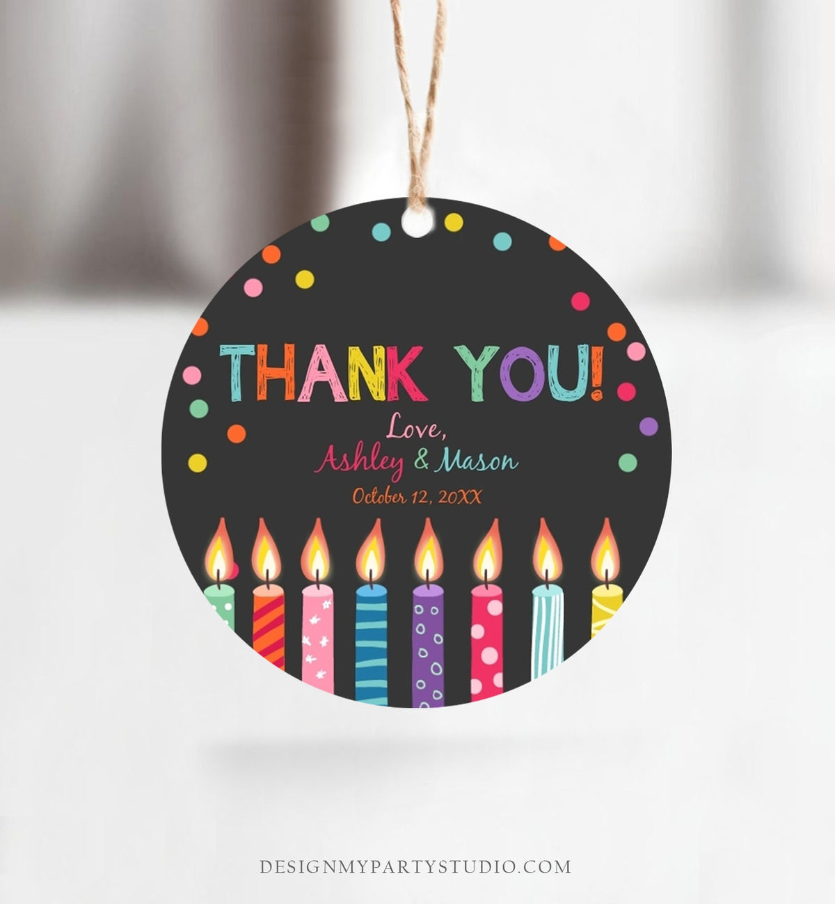 Editable Candles Favor Tags Joint Twin Birthday Thank You Tags Confetti Candle Colorful Square Round Corjl Template Printable 0277