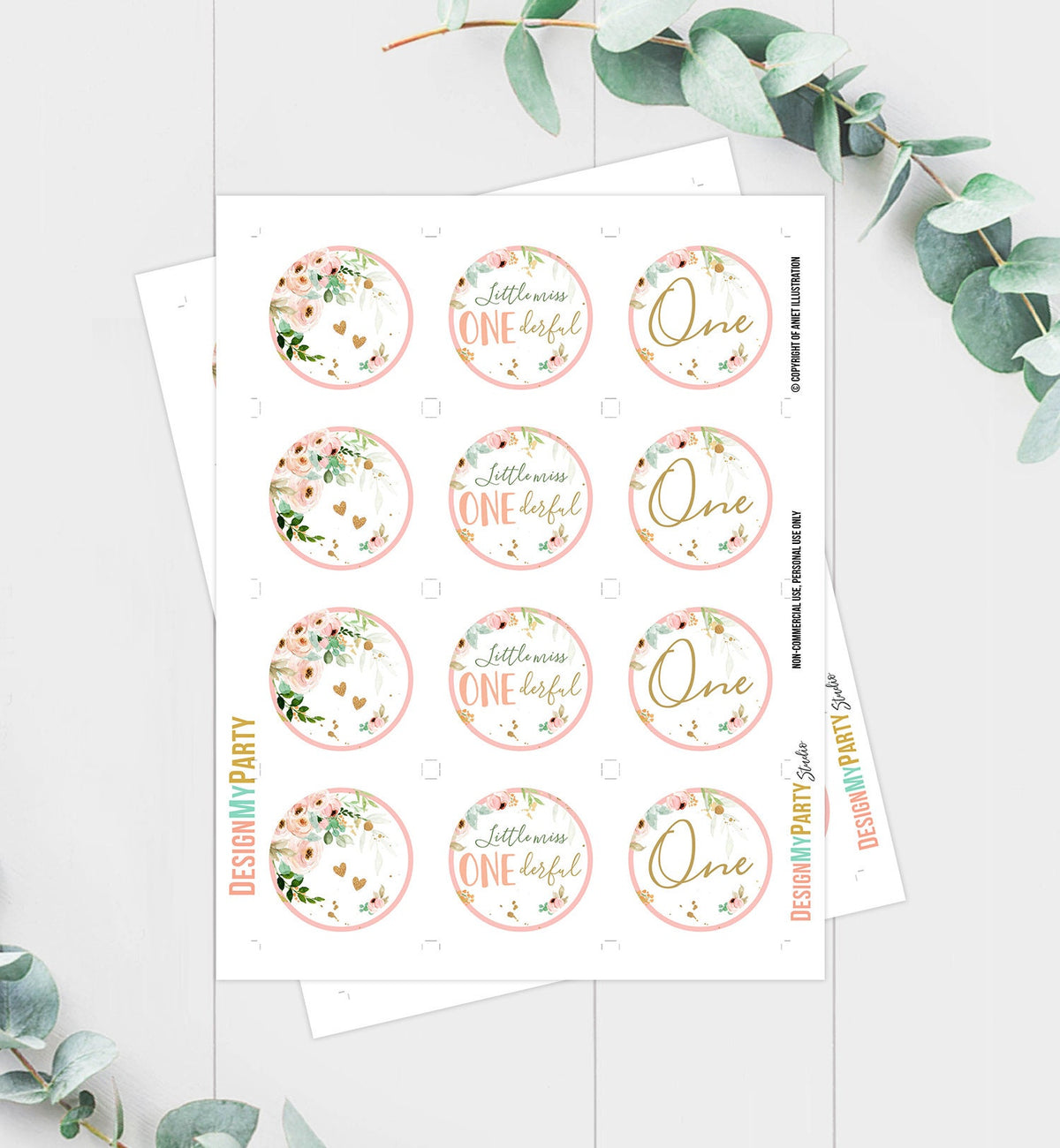 Little Miss Onederful Birthday Cupcake Toppers Favor Tags Girl First Birthday Party Decor Floral Pink Gold download Digital PRINTABLE 0147