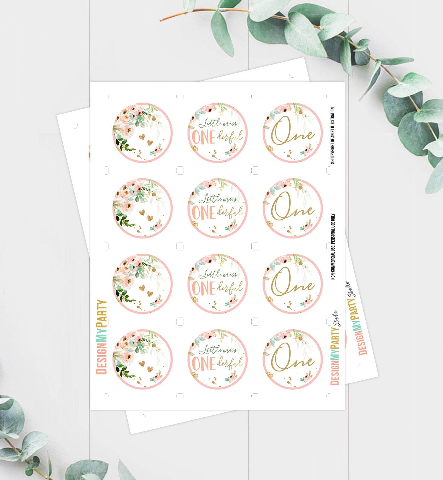Little Miss Onederful Birthday Cupcake Toppers Favor Tags Girl First Birthday Party Decor Floral Pink Gold download Digital PRINTABLE 0147