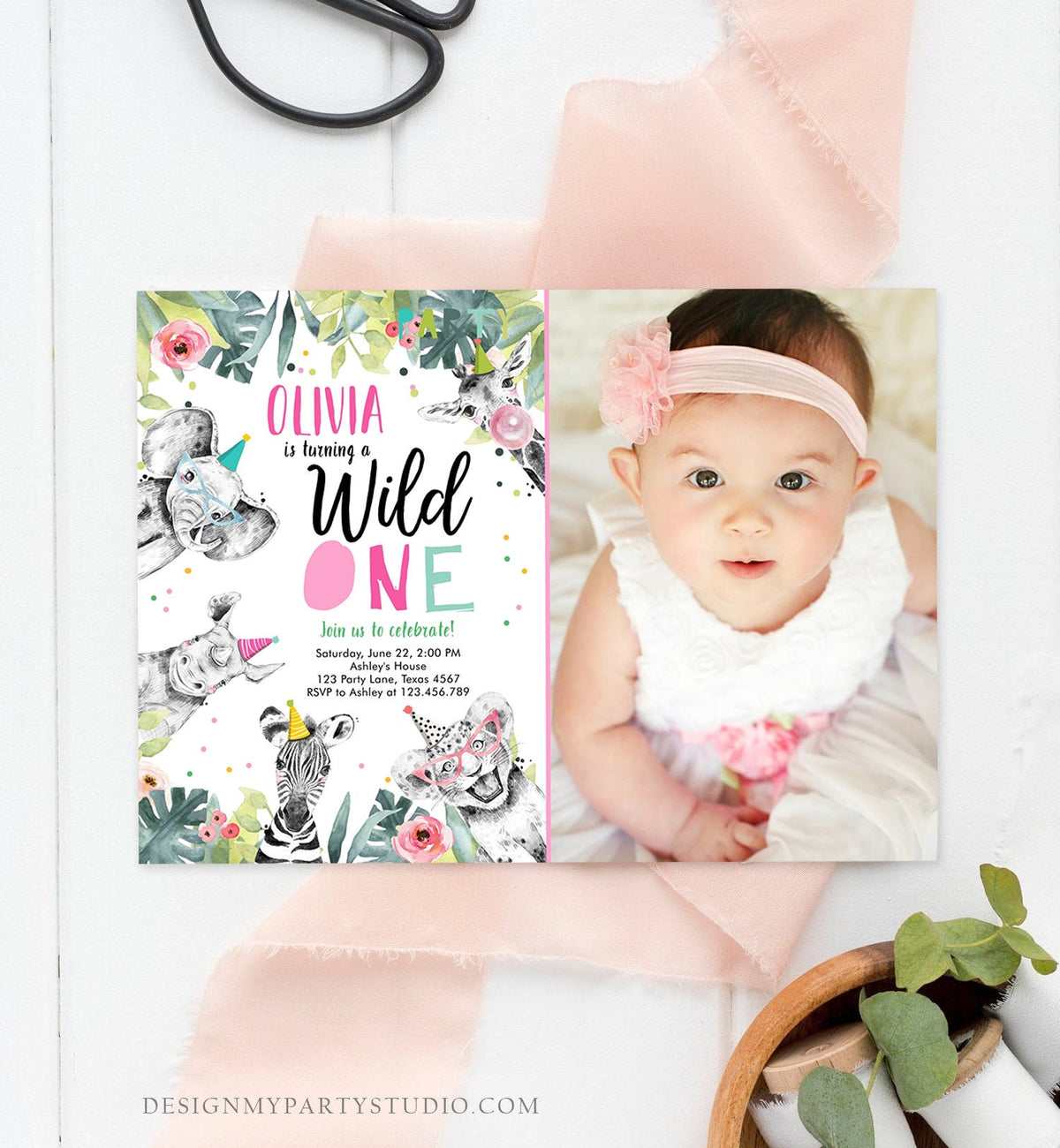 Editable Wild One Birthday Invitation Girl Safari Animals Invite Pink and Gold Party Animals First Birthday Corjl Template Printable 0322