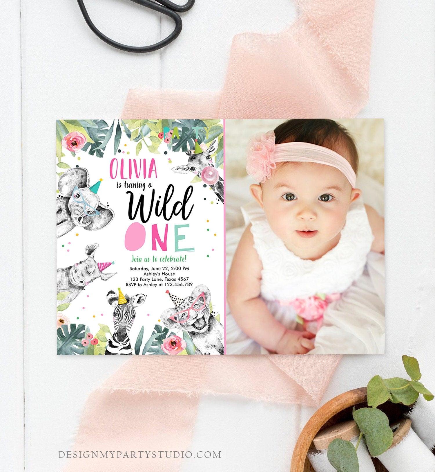 Editable Wild One Birthday Invitation Girl Safari Animals Invite Pink and Gold Party Animals First Birthday Corjl Template Printable 0322