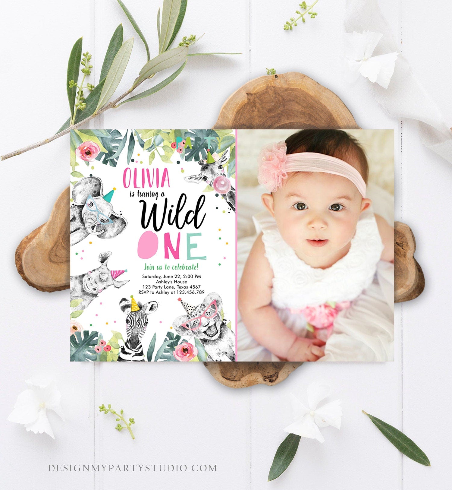 Editable Wild One Birthday Invitation Girl Safari Animals Invite Pink and Gold Party Animals First Birthday Corjl Template Printable 0322