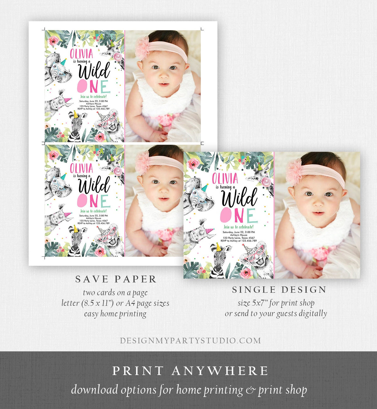 Editable Wild One Birthday Invitation Girl Safari Animals Invite Pink and Gold Party Animals First Birthday Corjl Template Printable 0322