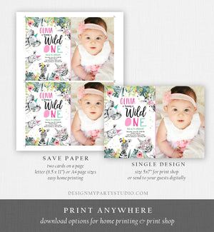 Editable Wild One Birthday Invitation Girl Safari Animals Invite Pink and Gold Party Animals First Birthday Corjl Template Printable 0322