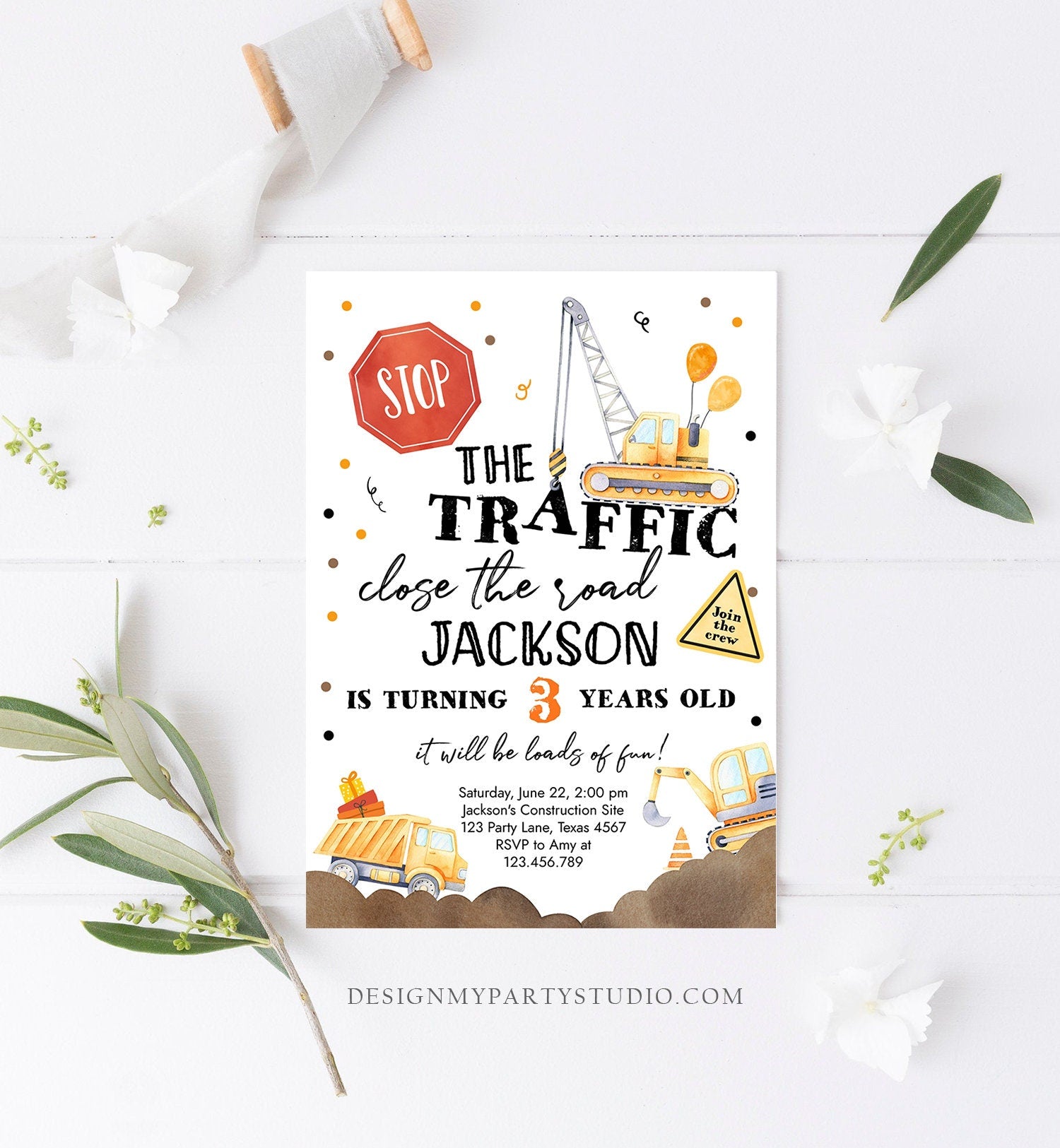 Editable Construction Birthday Invitation Yellow Dump Truck Excavator Caution Party Boy Digital Download Evite Template Printable 0374