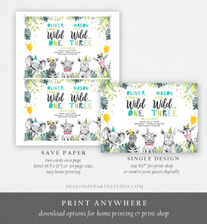 Editable Wild One Young Wild and Three Birthday Invitation Party Animals Boy First Third Birthday Safari Coed Joint Corjl Template 0322