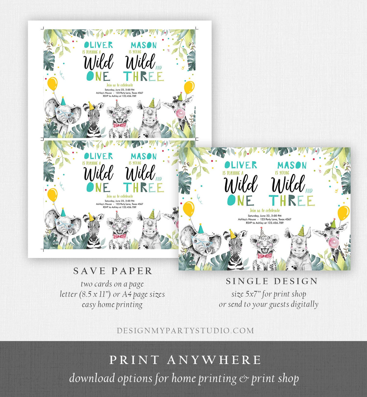 Editable Wild One Young Wild and Three Birthday Invitation Party Animals Boy First Third Birthday Safari Coed Joint Template Printable 0322