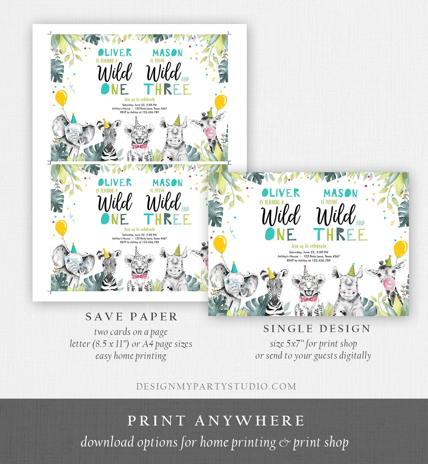 Editable Wild One Young Wild and Three Birthday Invitation Party Animals Boy First Third Birthday Safari Coed Joint Template Printable 0322