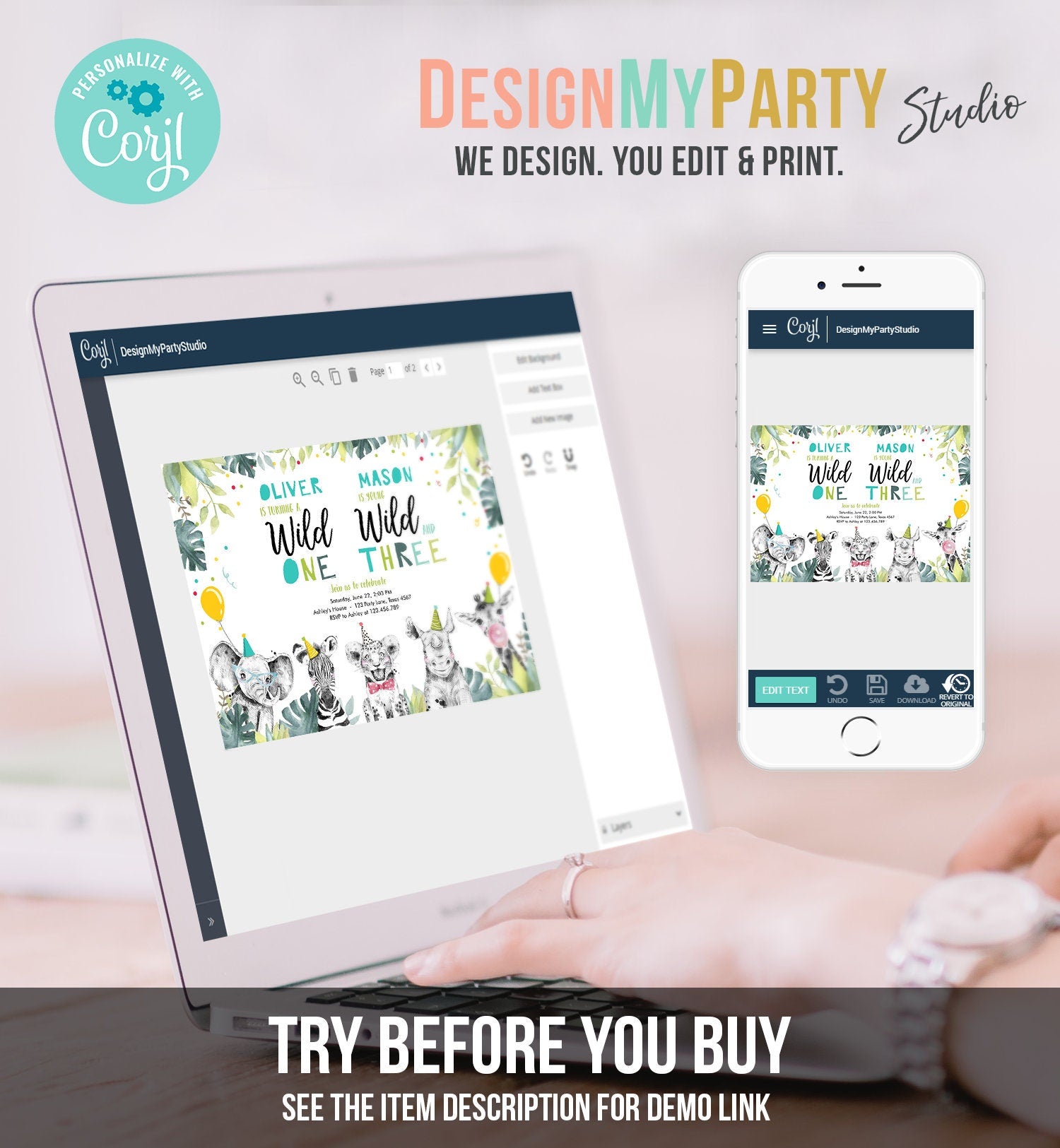 Editable Wild One Young Wild and Three Birthday Invitation Party Animals Boy First Third Birthday Safari Coed Joint Template Printable 0322