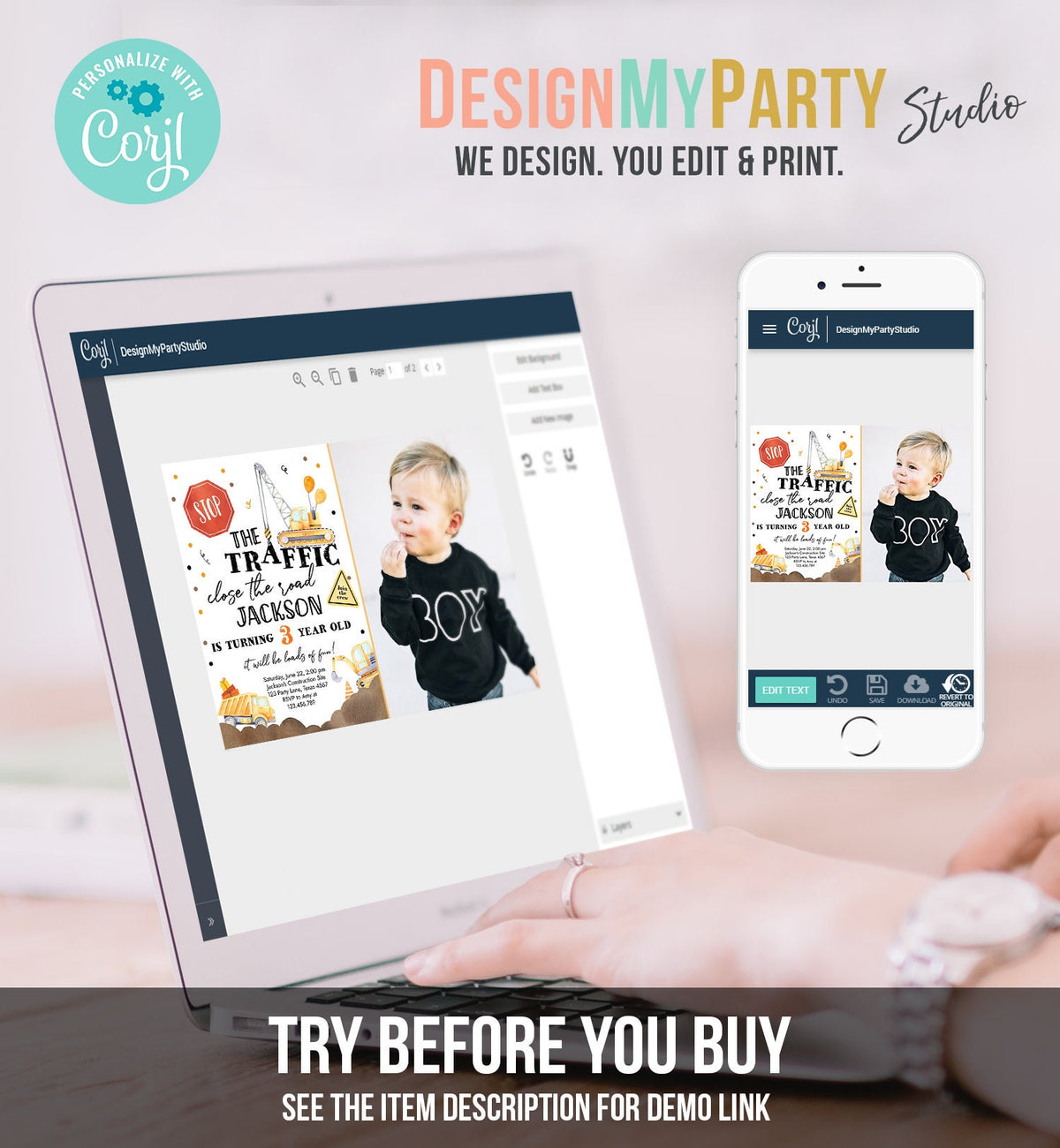 Editable Construction Birthday Invitation Yellow Dump Truck Excavator Caution Party Boy Digital Download Evite Template Printable 0374