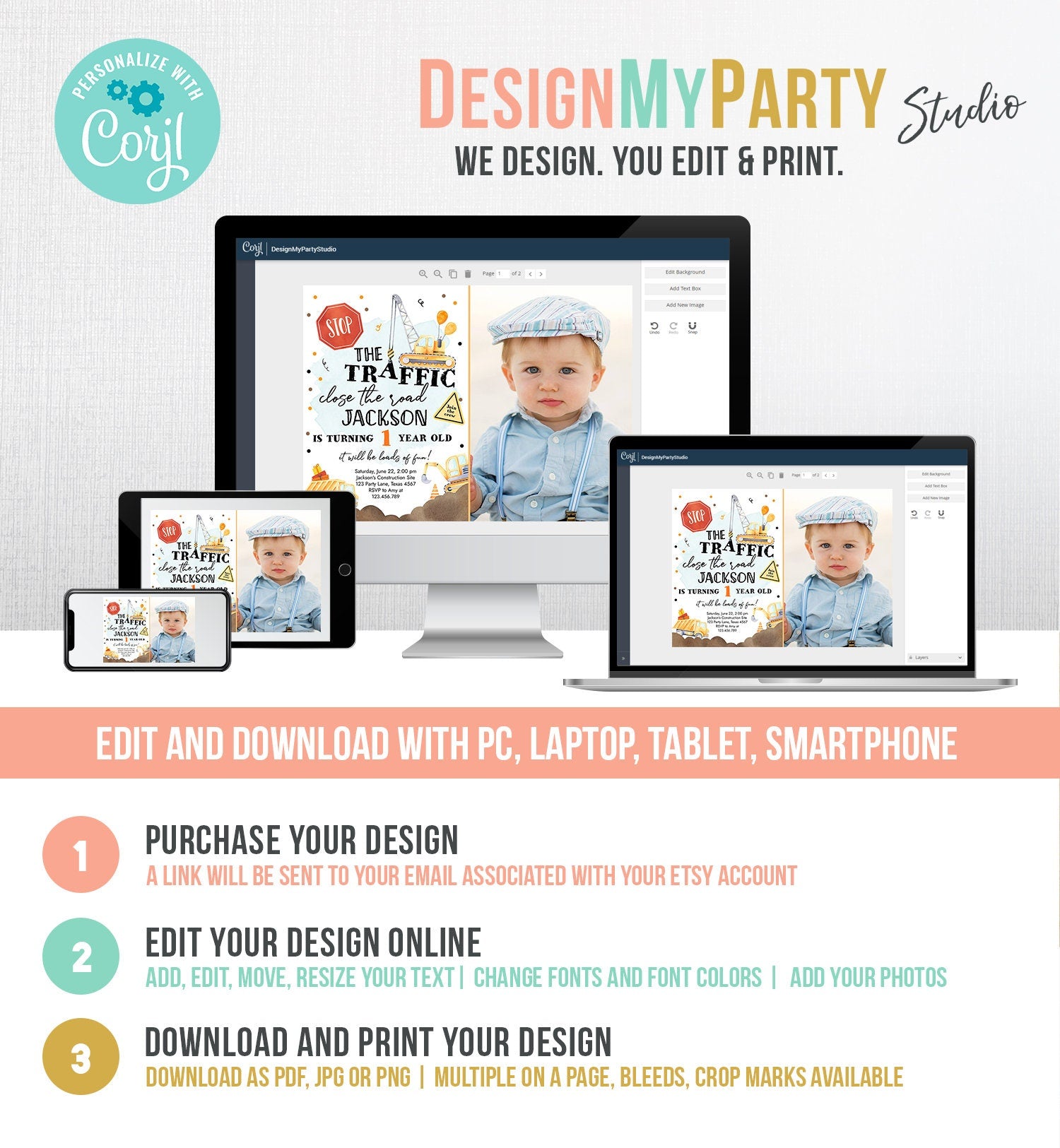 Editable Construction Birthday Invitation Yellow Dump Truck Excavator Caution Party Boy Digital Download Evite Template Printable 0374