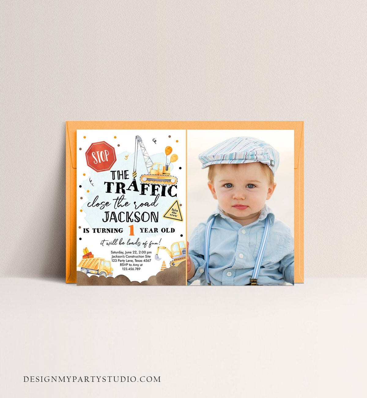 Editable Construction Birthday Invitation Yellow Dump Truck Excavator Caution Party Boy Digital Download Evite Template Printable 0374