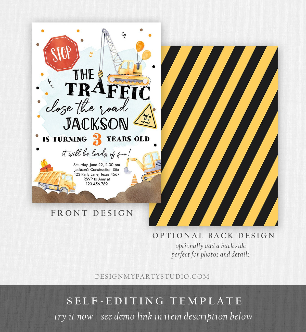Editable Construction Birthday Invitation Yellow Dump Truck Excavator Caution Party Boy Digital Download Evite Template Printable 0374
