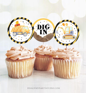 Construction Cupcake Toppers Construction Birthday Favor Tags Boy Yellow Dump Truck Dig In Favors Stickers download Digital PRINTABLE 0374