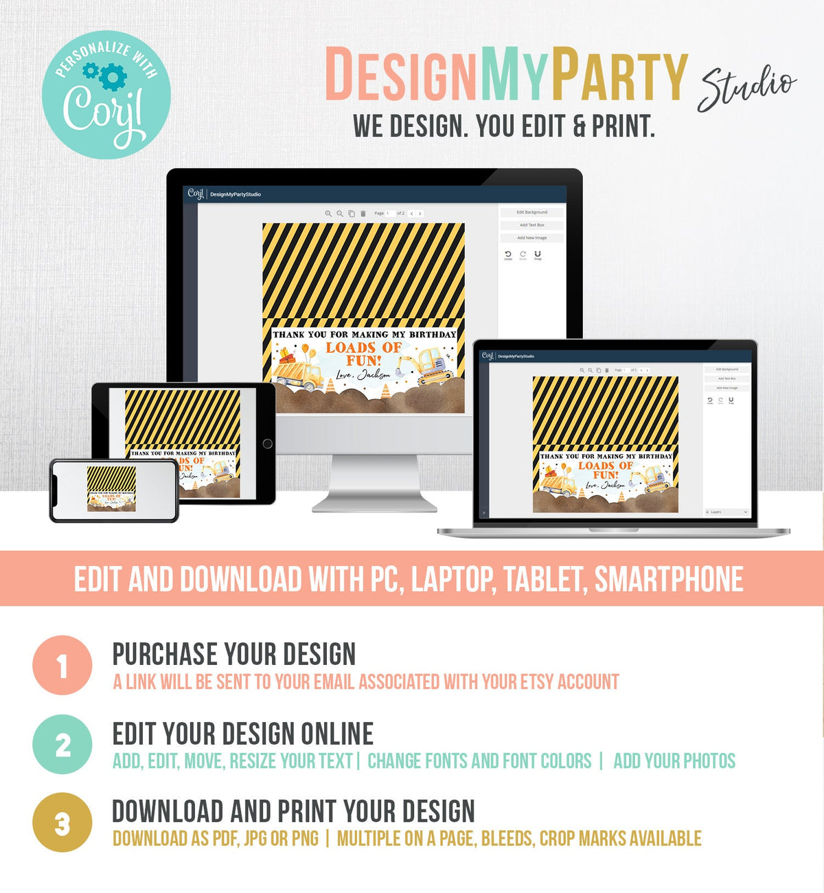 Editable Construction Party Treat Bag Topper Construction Birthday Favors Dump Truck Favor Bag Boy Download Printable Corjl Template 0374