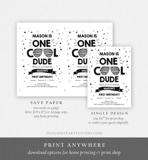 Editable One Cool Dude Birthday Invitation Boy First Birthday 1st Party Sunglasses Striped Pool Cool One Printable Corjl Template 0136
