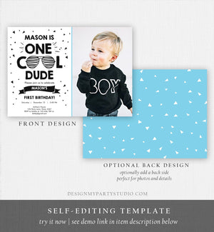 Editable One Cool Dude Birthday Invitation Boy First Birthday 1st Party Sunglasses Striped Pool Cool One Printable Corjl Template 0136