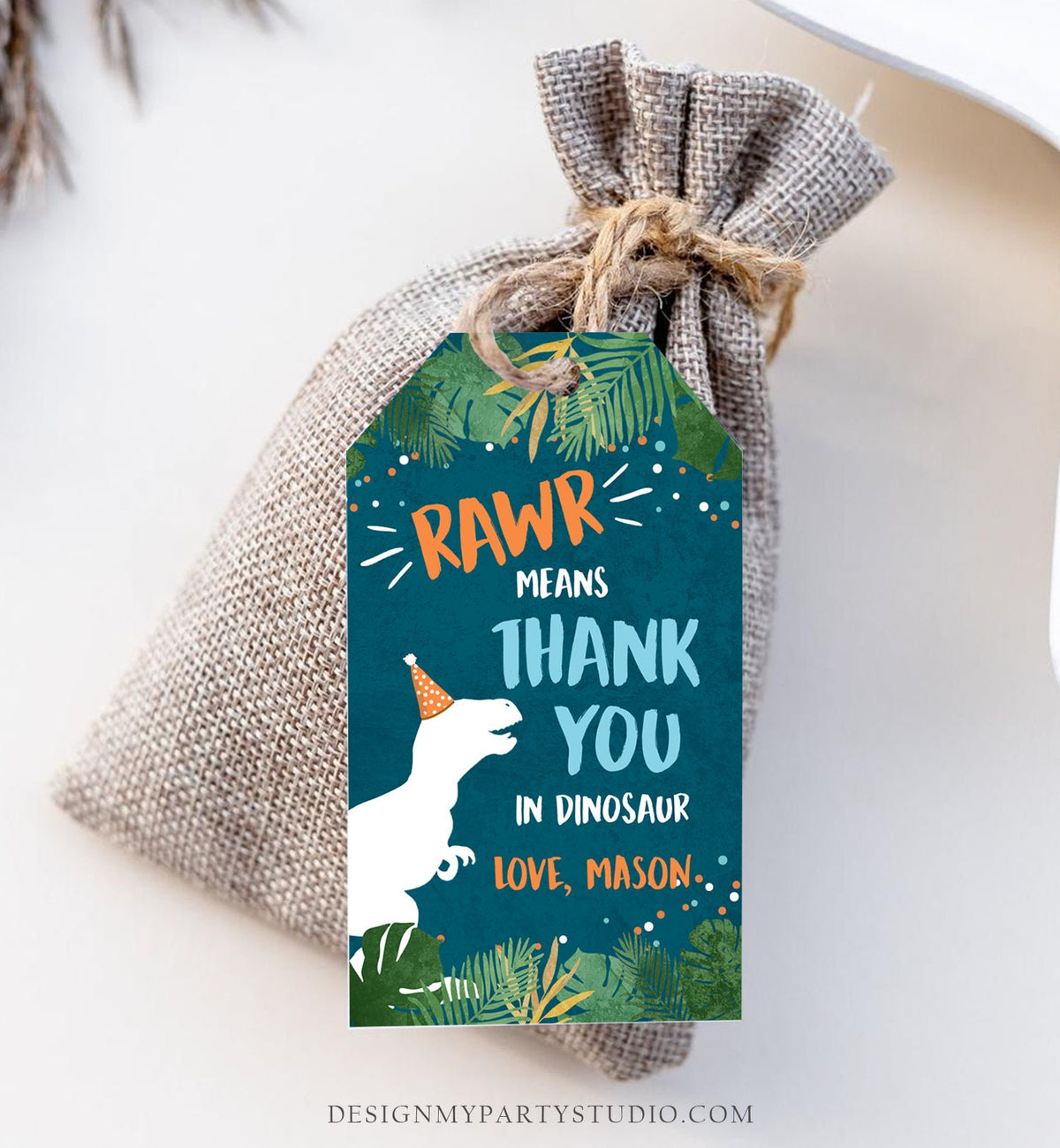 Editable Dinosaur Favor Tag T-Rex Gift Tags Dino Thank You for Stomping By Boy ROAR RAWR Means Thank You Corjl Template Printable 0378