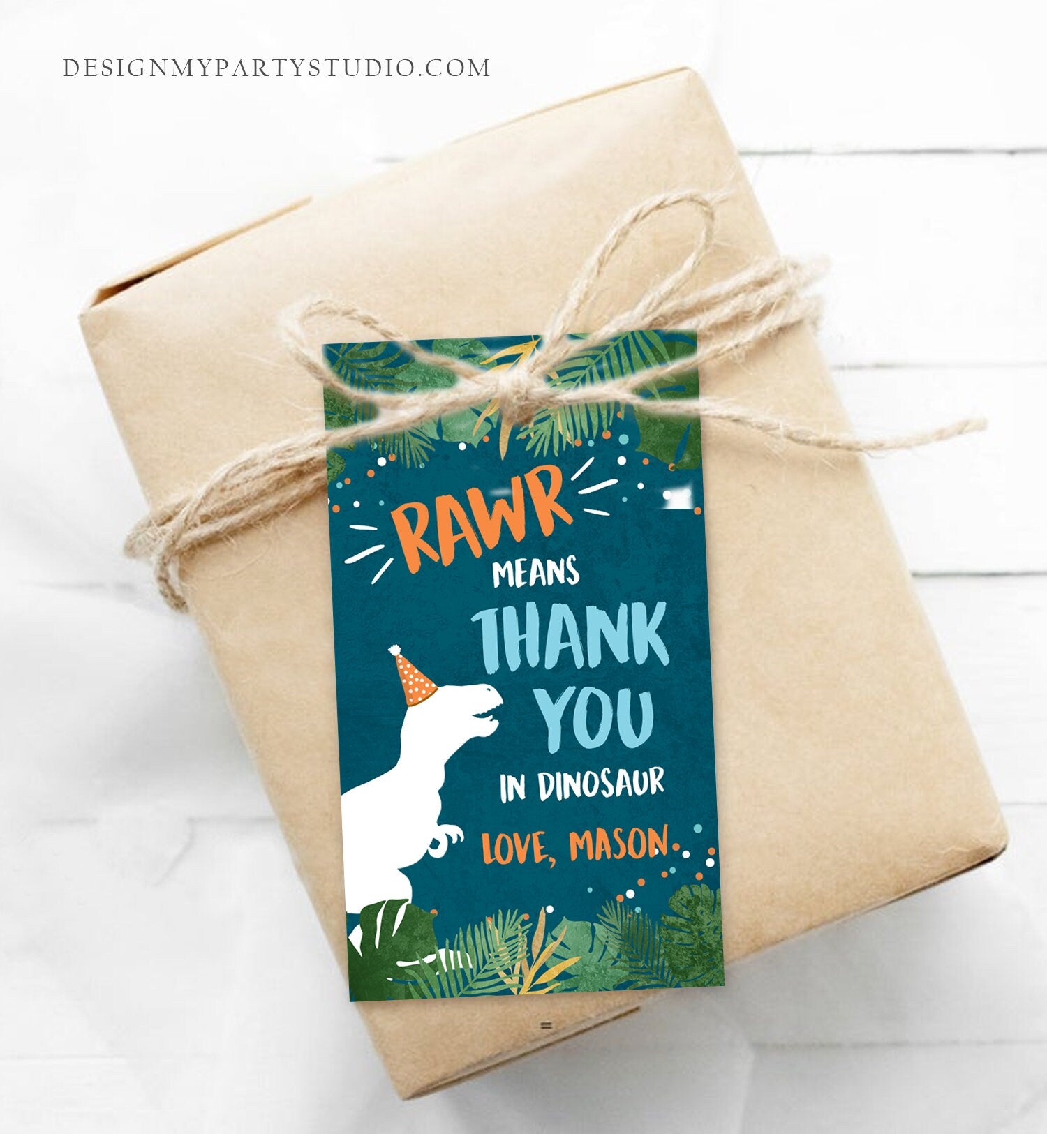 Editable Dinosaur Favor Tag T-Rex Gift Tags Dino Thank You for Stomping By Boy ROAR RAWR Means Thank You Corjl Template Printable 0378