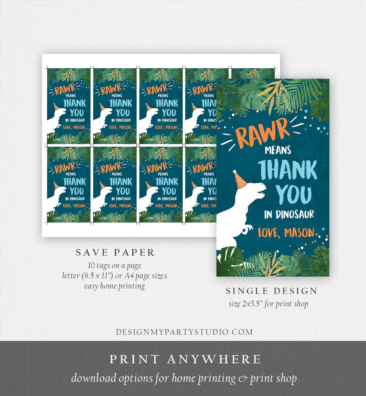 Editable Dinosaur Favor Tag T-Rex Gift Tags Dino Thank You for Stomping By Boy ROAR RAWR Means Thank You Corjl Template Printable 0378