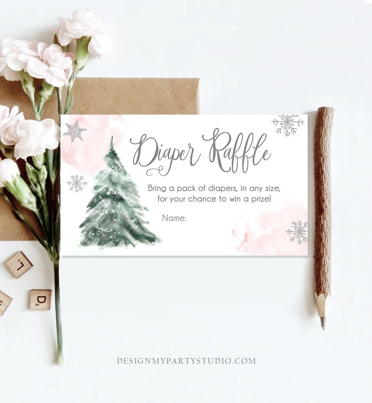 Editable Winter Tree Diaper Raffle Tickets Baby Shower Blush Pink Girl Watercolor Christmas Game Sprinkle Corjl Template Printable 0363