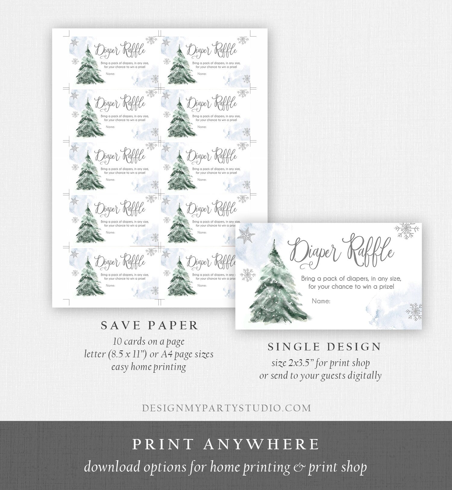 Editable Winter Tree Diaper Raffle Tickets Baby Shower Grey Blue Boy Watercolor Christmas Game Sprinkle Corjl Template Printable 0363