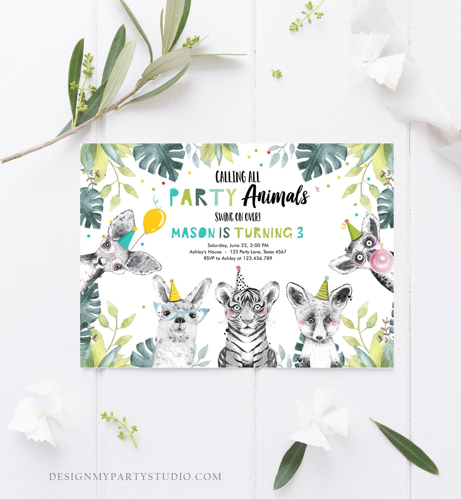 Editable Party Animals Birthday Invitation Exotic Wild Animals Invitation Zoo Safari Animals Boy Download Printable Template Corjl 0322
