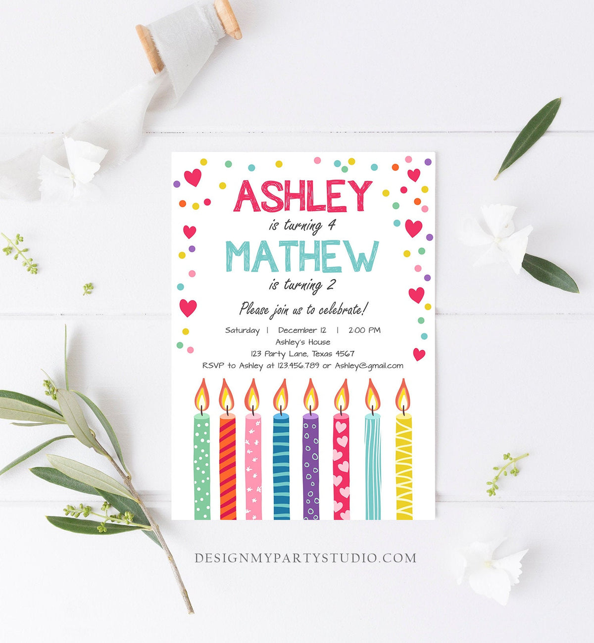 Editable Valentine Twin Birthday Invitation Twins Joint Confetti Hearts Siblings Party Boy Girl Digital Corjl Template Printable 0277