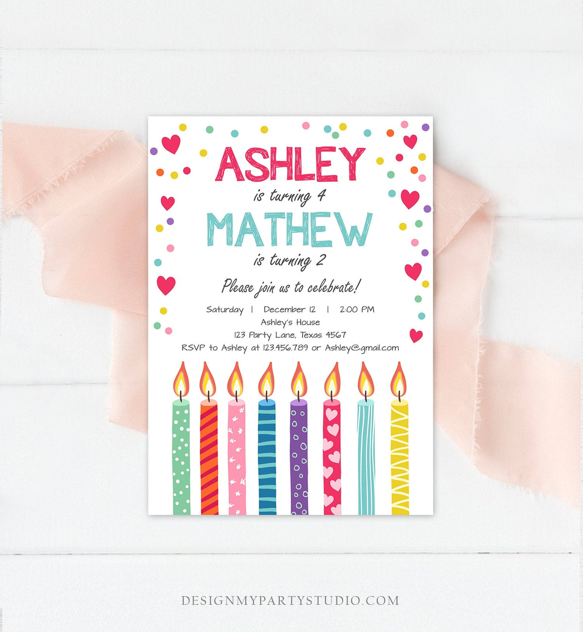 Editable Valentine Twin Birthday Invitation Twins Joint Confetti Hearts Siblings Party Boy Girl Digital Corjl Template Printable 0277