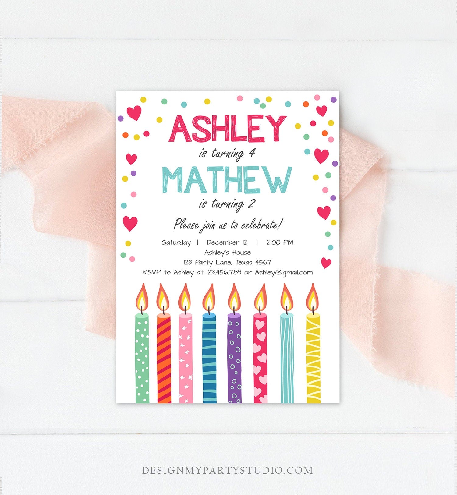 Editable Valentine Twin Birthday Invitation Twins Joint Confetti Hearts Siblings Party Boy Girl Digital Corjl Template Printable 0277