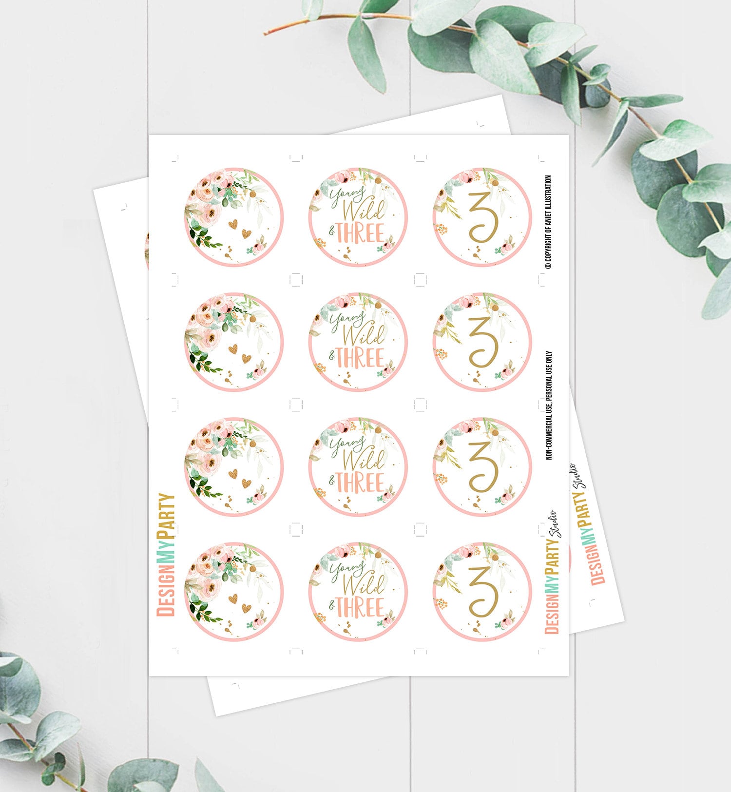 Young Wild and Three Birthday Cupcake Toppers Favor Tags Girl 3rd Birthday Party Decor Floral Pink Gold download Digital PRINTABLE 0147