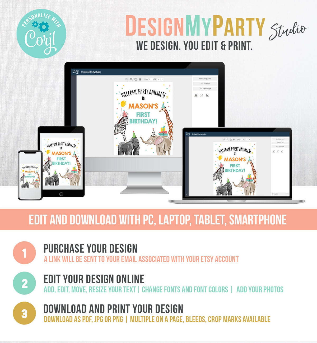 Editable Party Animals Welcome Sign Party Animal Sign Zoo Safari Welcome Jungle Sign Birthday Animals Boy Template PRINTABLE Corjl 0142