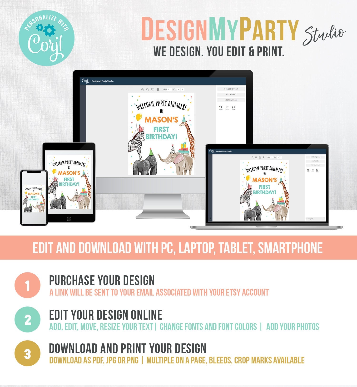 Editable Party Animals Welcome Sign Party Animal Sign Zoo Safari Welcome Jungle Sign Birthday Animals Boy Template PRINTABLE Corjl 0142