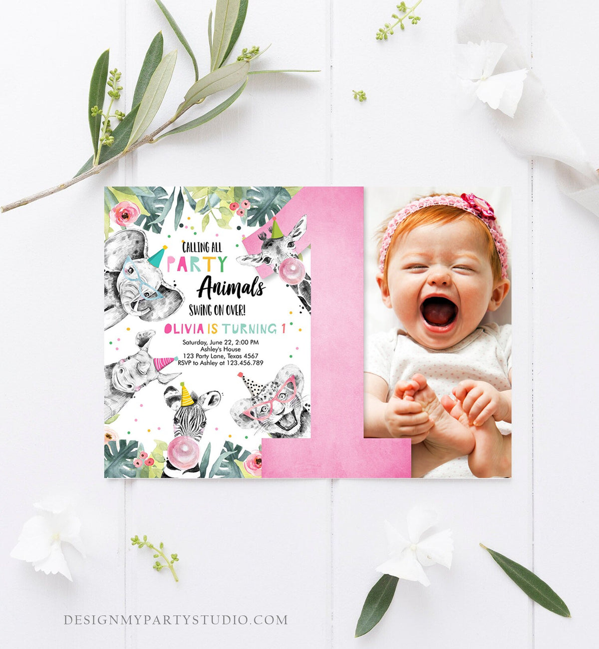 Editable Party Animals Birthday Invitation Wild One Animals Wild Safari Animals Girl Digital Download Evite Template Printable 0322