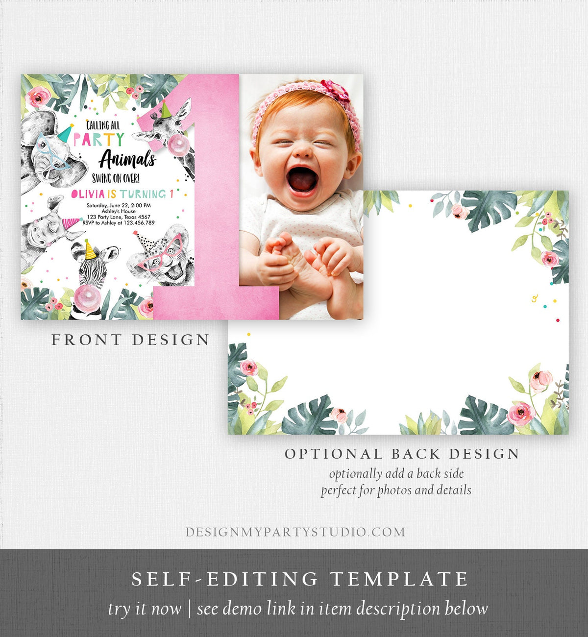Editable Party Animals Birthday Invitation Wild One Animals Wild Safari Animals Girl Digital Download Evite Template Printable 0322